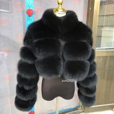 Women Real Fur Cropped Stand Collar Coat Warm Jacket Winter Outwear Streetwear