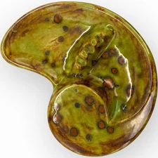 Vtg Ashtray Mid Century Mod MCM Splatter Drip Glaze Green Brown Orange Ammonite