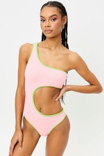 Frankie s Bikinis Cutout Pink/Green Cash Terry One Piece Swimsuit size Medium