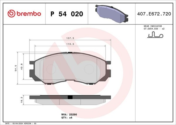Brembo Bremsbelagsatz, Scheibenbremse P 54 020 FüR Mitsubishi-image