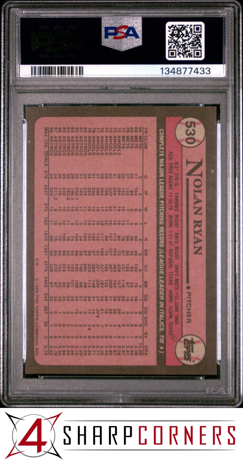 1989 TOPPS #530 NOLAN RYAN ASTROS HOF PSA 10 view 2