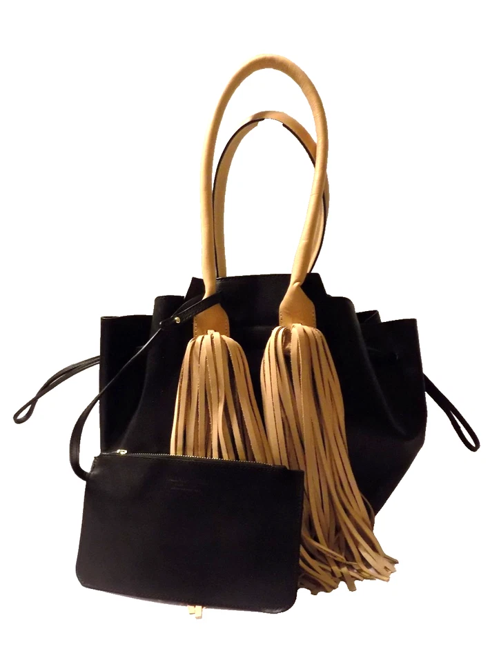 Italia VALENTINA FIORE Bolso de Mano Cubo Cuero Negro Tulipán Monedero West FRINGE Foto 2 de 4
