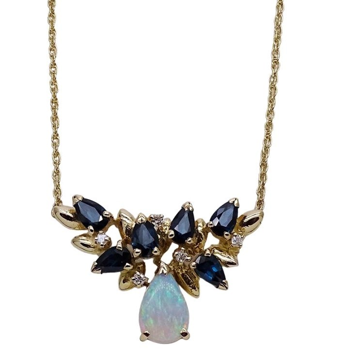 Vintage Givenchy Opal Blue Sapphire Diamond 18k Yellow Gold Pendant Necklace