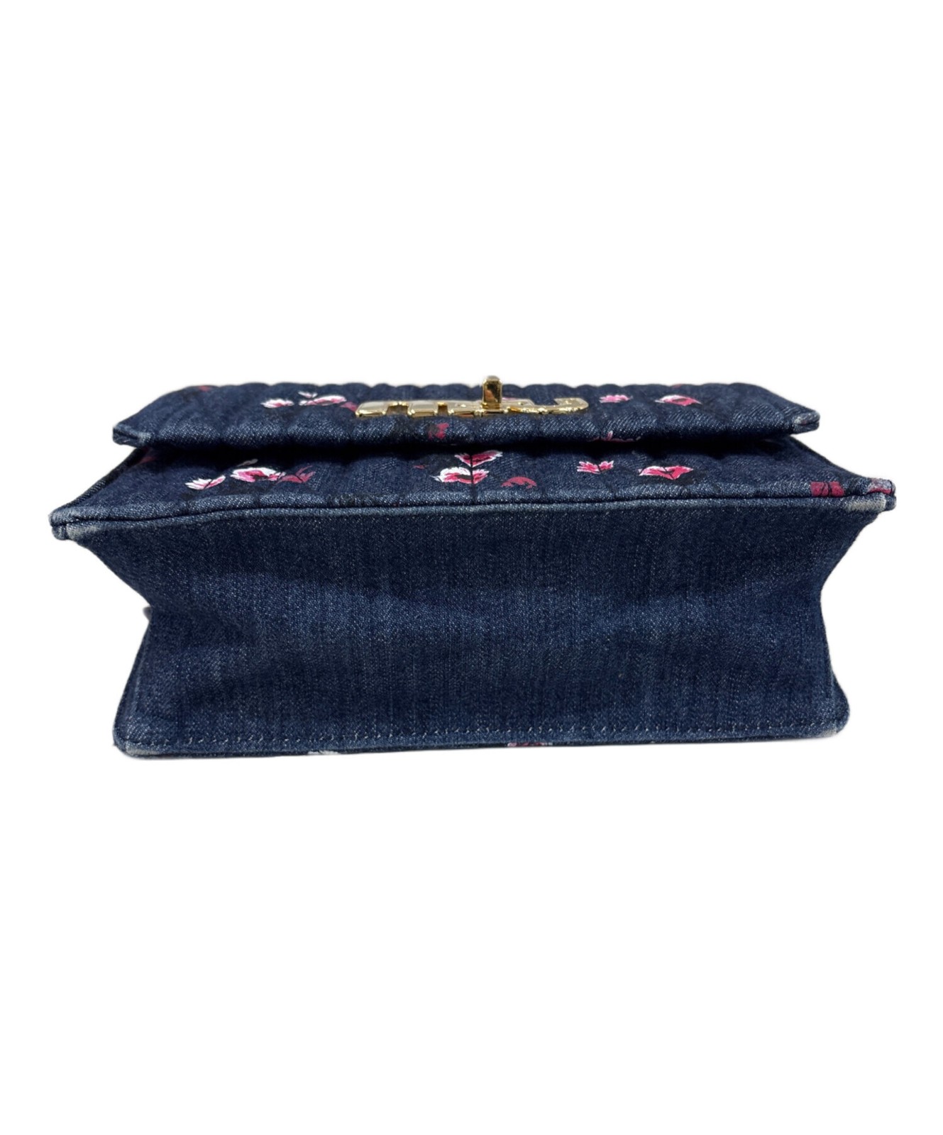 Miu Miu Floral Denim Shoulder Bag Indigo Leather Strap Gold Auth image 6