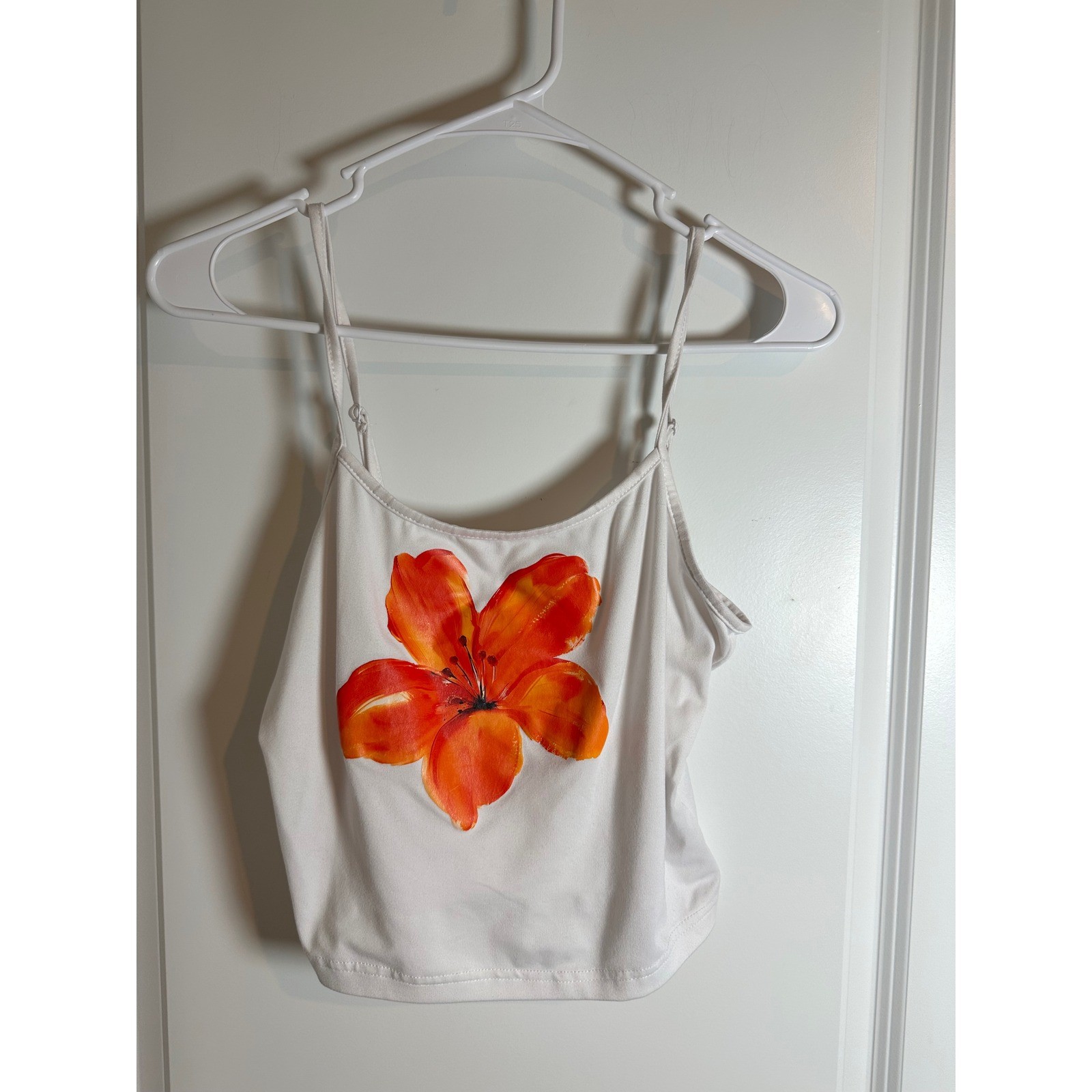 Shein White Crop Tank Top Orange Flower Print Summer Sleeveless Cami S