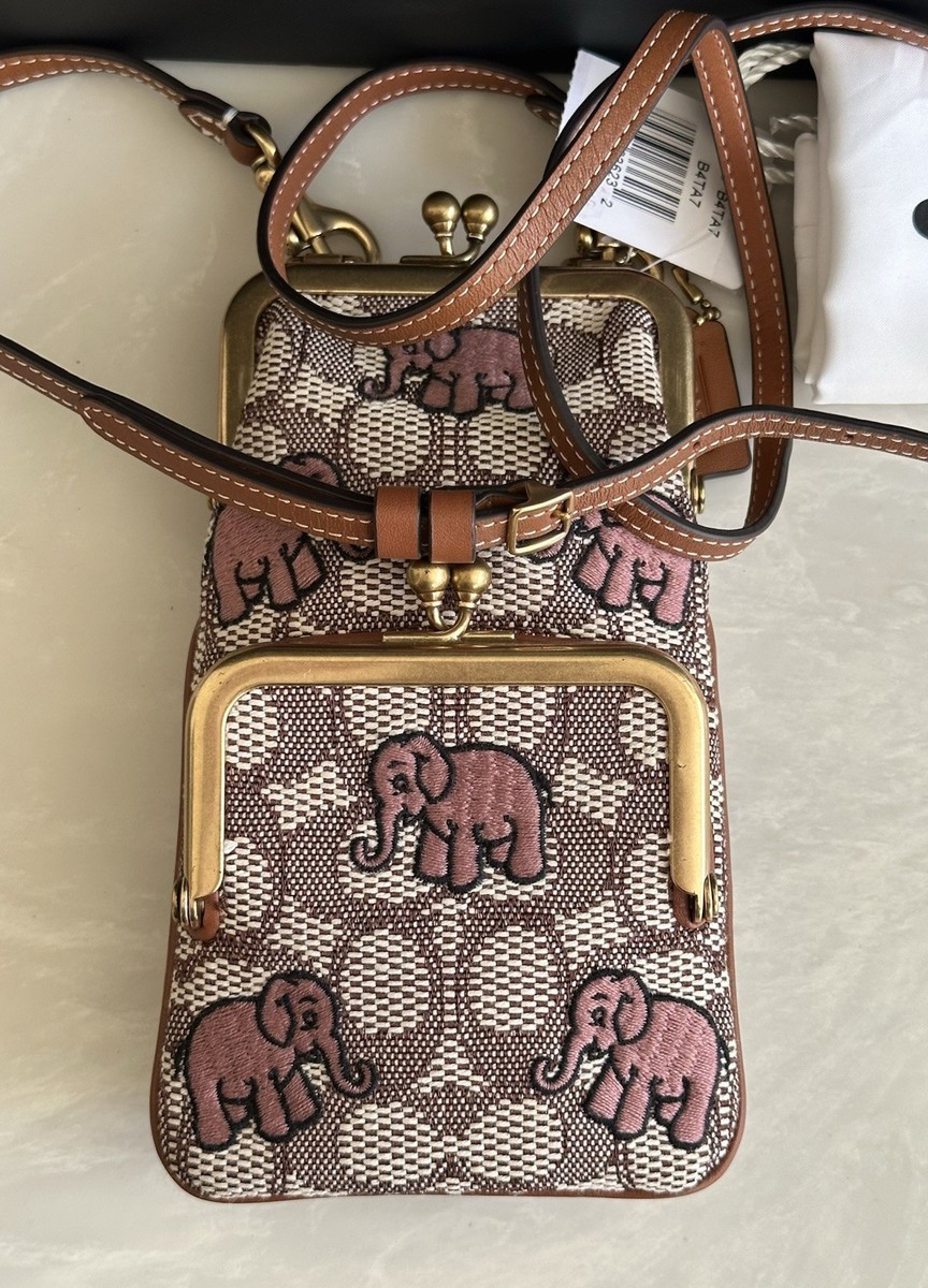 NWT COACH PINK ELEPHANTS TEXTILE JACQUARD CROSSBODY 12 DOUBLE