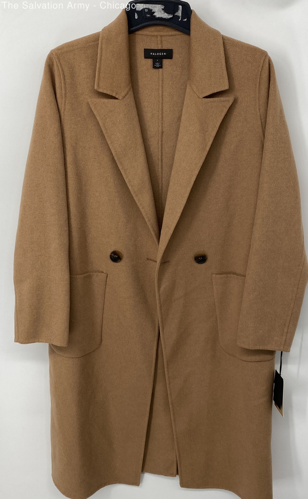 Halogen Womens Tan Camel Wool Blend Double-Breasted Overcoat Size Small