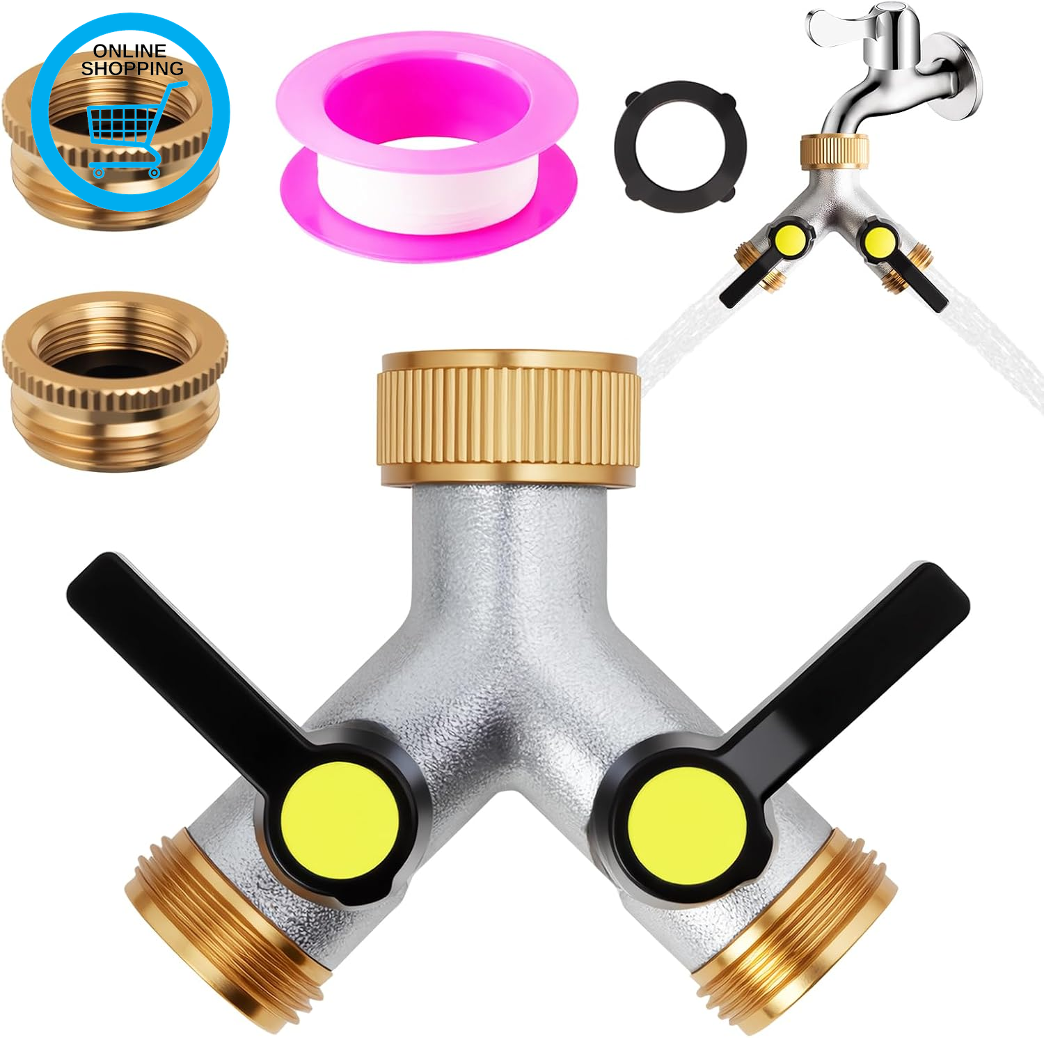 2 Way Brass Garden Tap Splitter, 3/4"" Outdoor Hose Connector with Individual On/