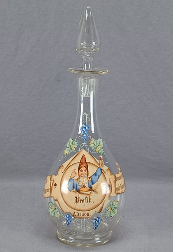 Late 19th Century Hand Enameled Gnome German Phrase & Grapes Glass Decanter
