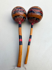 Vintage Maracas Haitian Hand Painted Wood Rumba Musical Shakers Haiti 10" - 2