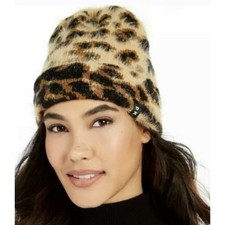 DKNY NEW Fuzzy Animal Print Beanie HAT CAP Leopard Print Winter One Size Banded