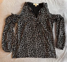 Michael Kors Leopard Print Top Cold Shoulder Long Sleeves