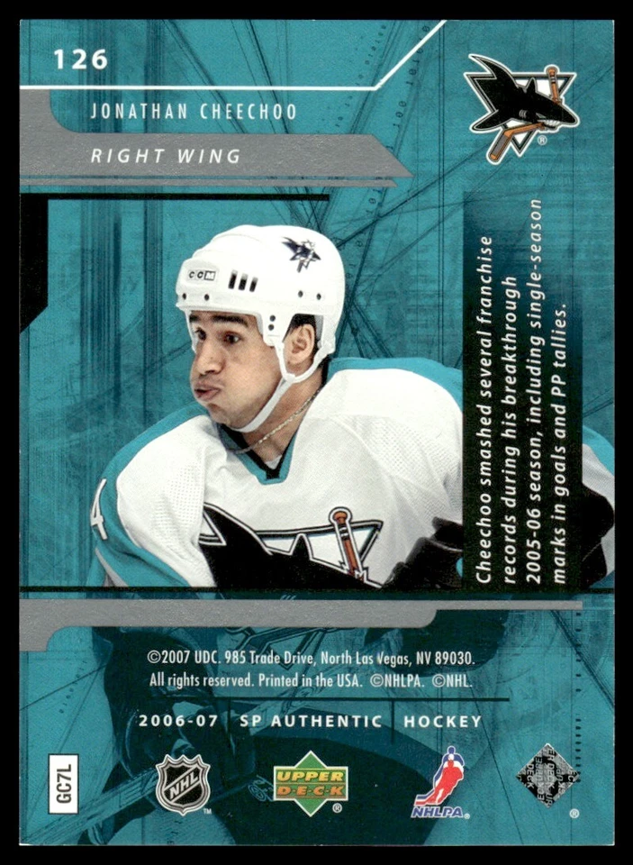 2006-07 SP AUTHENTIC NOTABLES Jonathan Cheechoo /999 San Jose Sharks #126 - Image 2 of 2