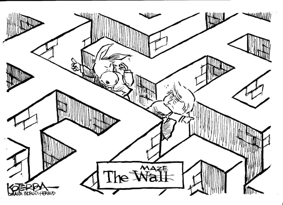 DONALD TRUMP & BORDER WALL 2018 JEFF KOTERBA POLITICAL CARTOON color & b&w - Image 2 of 2