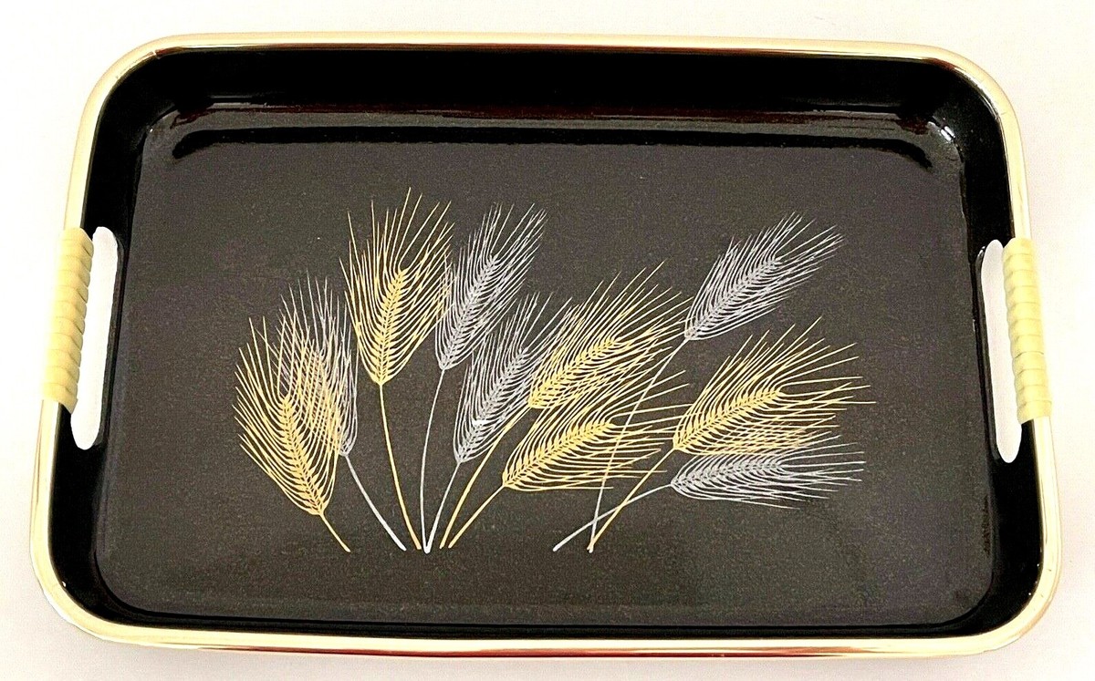 Vintage Japanese Lacquer Wheat Spikes Serving Tray 2 Piece Set