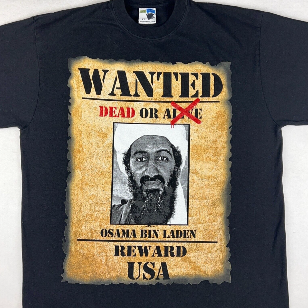 vintage OSAMA BIN LADEN WANTED DEAD OR ALIVE POSTER T-Shirt XL usa 