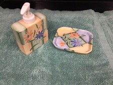 Vintage Hand Painted Bathroom Soap Dish And Soap Dispenser Preowned