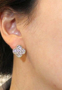 Authentic 3CT Round Cut Lab-Created Diamond Clover Stud Earrings 14K White Gold Plated