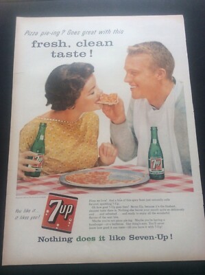 Vintage Original 50er Zeitschrift Reklame Werbung 7 Up Fizzy Drink with Pizza 