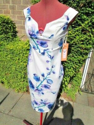 BNWT-GINGER FIZZ ''BLUE MONDAY'' WIGGLE DRESS-BONED V NECK-CHUNKY ZIP-M-UK 8/10.