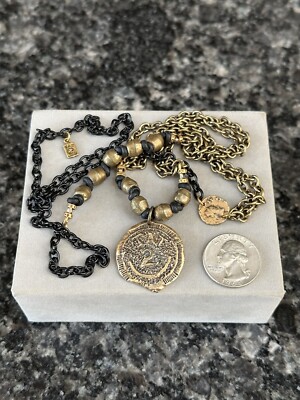 TAT 2 Designs Coin Black & Brass Gold Tone Long Chain Pendant Necklace 30 