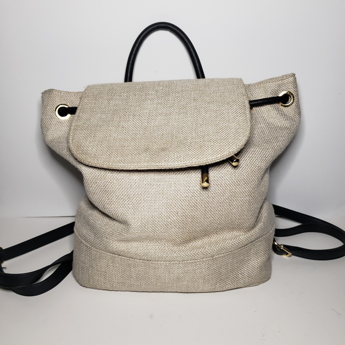 Justfab Linen Backpack Beige w/ Black Faux Leather  display picture 1
