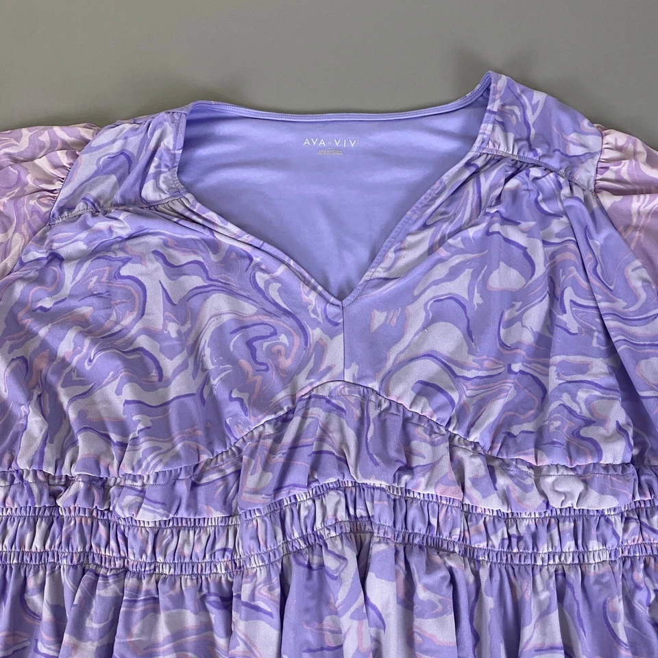 AVA & VIV 束腰上衣大码 4X 缩褶荷叶边紫色大理石袖口 — 第 2/4 张图片