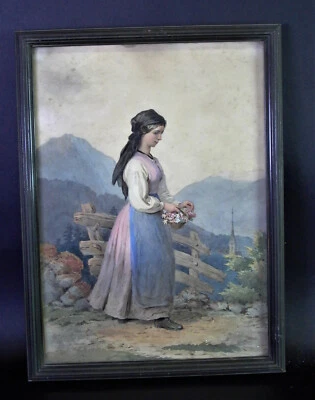 Carl TEIBLER (1821 - 1895) - BLUMENPFLÜCKERIN - Aquarell dat.1859 - Österreich - Bild 1 von 4