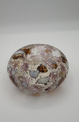 Pink Brown Confetti Speckle Fused Glass Art Glass Tea Light Candle Holder 4"