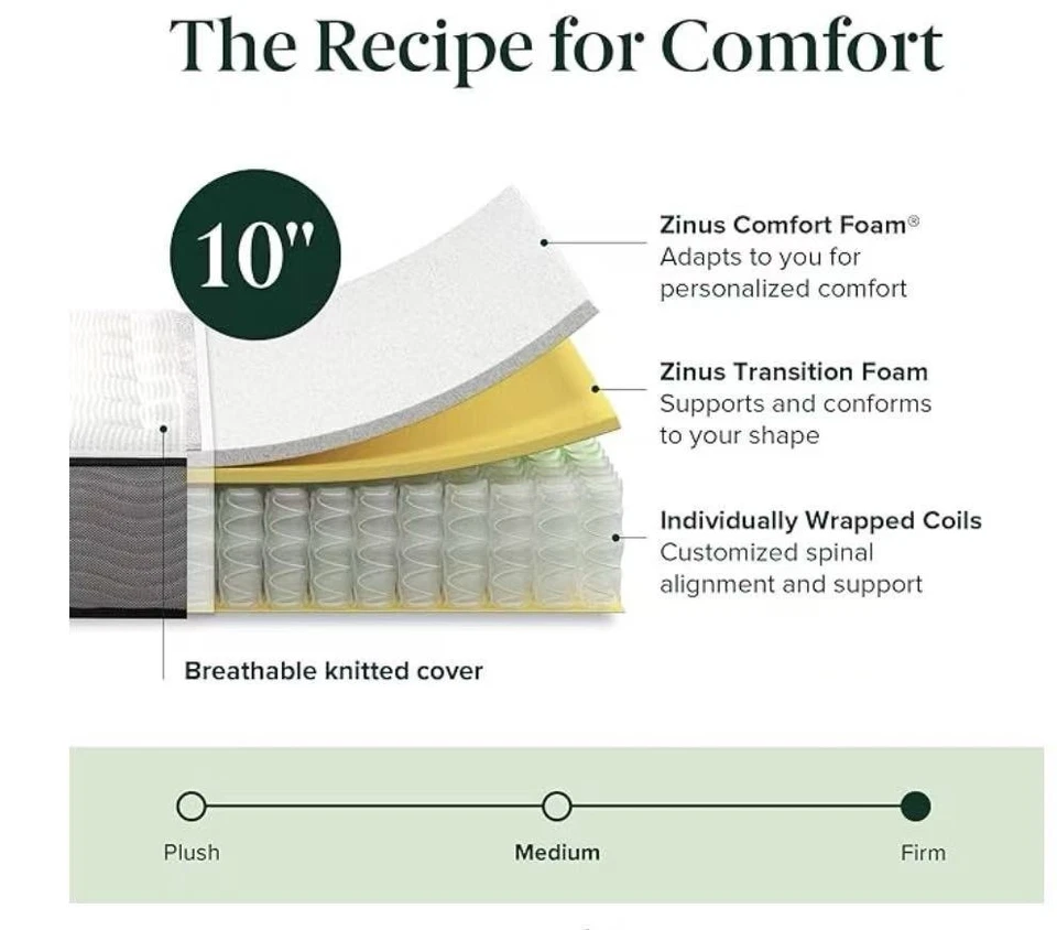 Colchón de espuma viscoelástica firme Zinus tamaño completo de 10 pulgadas con cubierta extraíble Foto 3 de 4