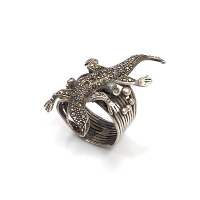 925 Silver Ring Marcasite Jewellery Salamander Lizard Figurine Statement 17.5mm / 55