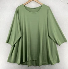 TAHARI Top 2X Plus Stretch Jersey Swing Tunic Round Neck 3/4 Sleeve Green
