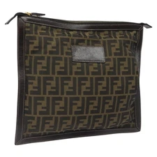 FENDI Zucca Canvas Clutch Bag Brown Black gold Auth yk17958