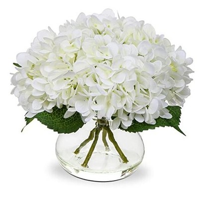  Hydrangea Artificial Flowers with Vase White Silk Glass Vase Hydrangea, White