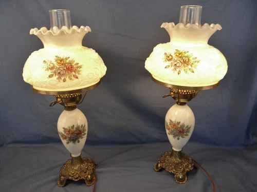 PR Vintage FENTON / LG WRIGHT MILK GLASS WILD ROSES TABLE Lamps 20"