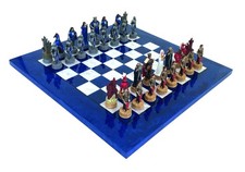 Italfama King Arthur Resin Chess Set with Blue Wood Board, Hand Painted