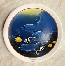 Painted Decorative Plate Veracruz Mexico Dolphins Ceramic Wall Hanging 1990s