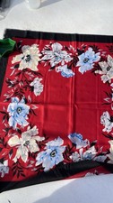 Vintage 70s Scarf Italy Red Lt Blue Tan Floral Black Bordered 30.5  Square EUC