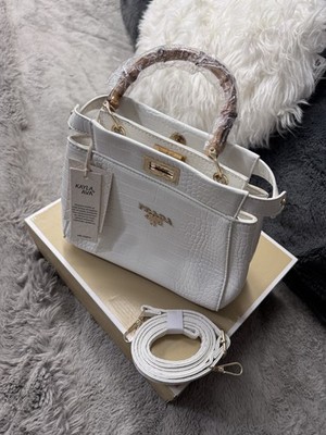 Kayla Ava White Crocodile Embossed Satchel with Gold Hardware & Detachable Strap