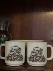 2pc Glasbake Milk Glass Mug Set Brown Mushroom Print MCM Vintage Mushroom