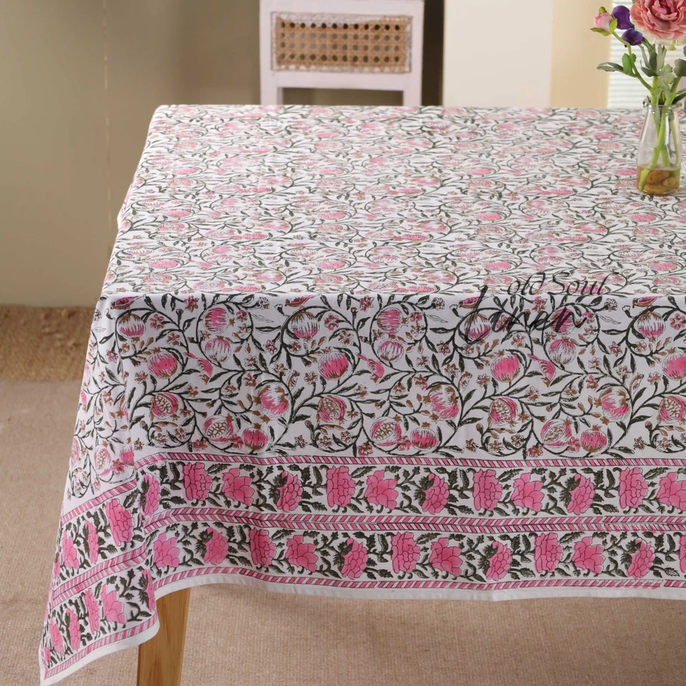 Hand Block Printed Cotton Tablecloth Pink Floral Dining Room Decor Table Cover - Image 4 of 4