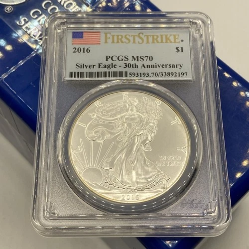2016 Ms70 Silver Eagle PCGS 1oz Fine First Strike 30th Anniv Spots Toned