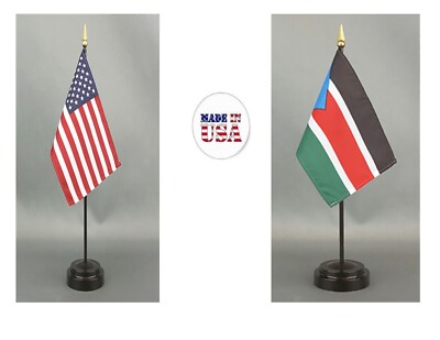 Made in the USA--1 American & 1 Country Rayon 4''x6'' Office Desk Flag & 2 Stands