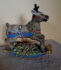 Vintage Rocking Horse Reindeer Resin Figurine Christmas Holly Berries  Leaves