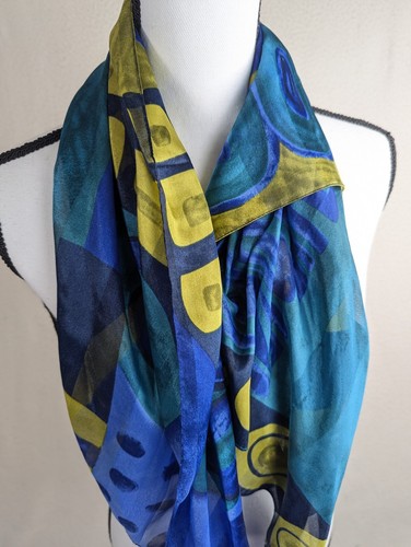 Volvo Scarf Poly Made In Italy Blue Yellow Square 33x35 Artsy Geometric - Picture 3 of 6