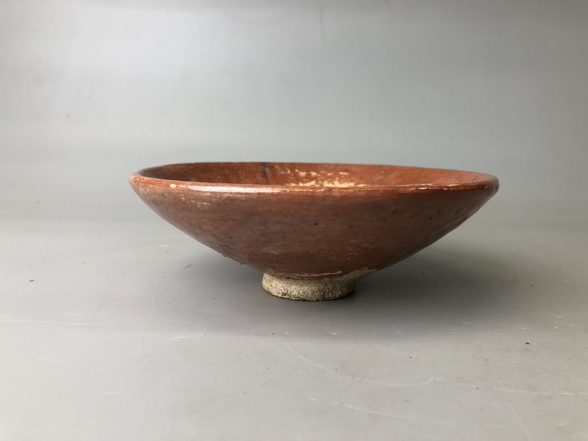 Y7480 CHAWAN Raku-ware red bowl round pattern signed Japan antique