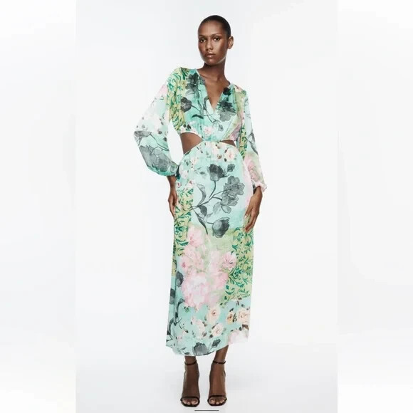 ワンピース Slit Sleeve Floral Print Dress ZARA FLORAL PRINT CUT OUT DRESS Maxi Blue Green Long Sleeve