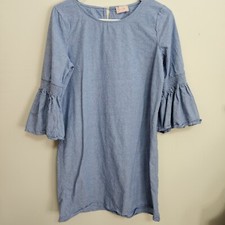 Love...Ady Smocked Bell Sleeve Blue Cotton Shift Dress Size M Made In USA