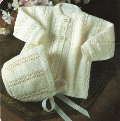 Strickmuster Kopie 1721.   Baby Strickjacke & Mütze.  18-20" Truhe.  3-lagig