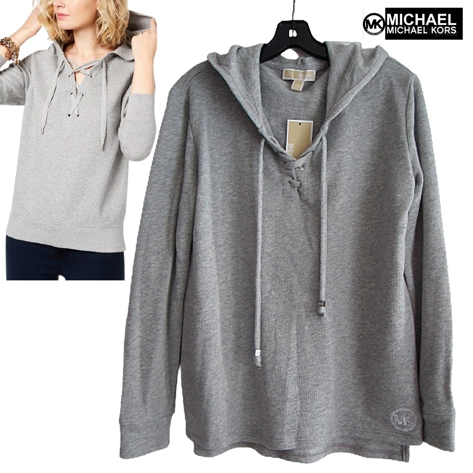 Felpa con cappuccio MICHAEL Michael Kors NUOVA HEATHER stringata spacchi coda posteriore M